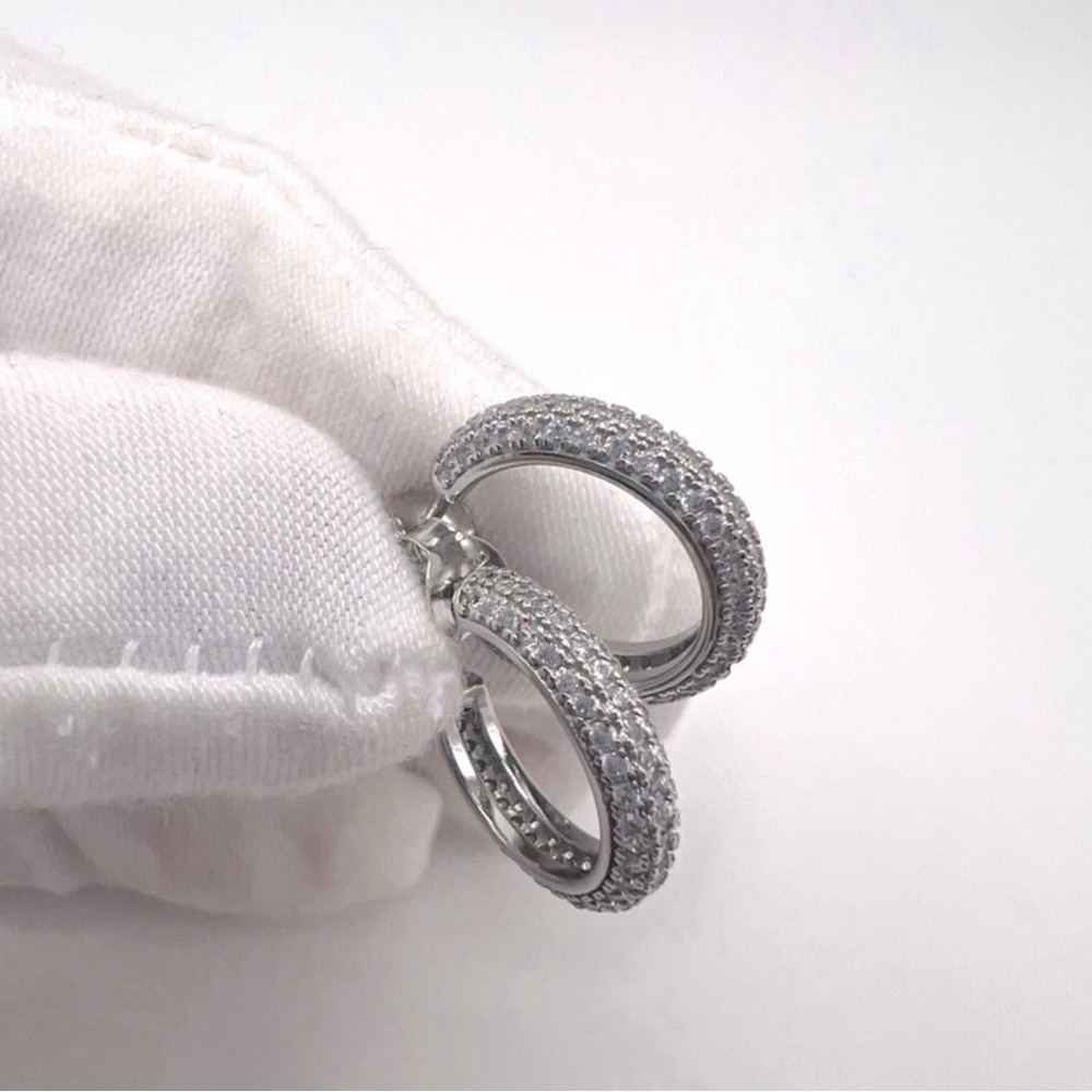 .925 Sterling Silver Pave Cz 16mm Post Hoop Earrings - Picture 6 of 15